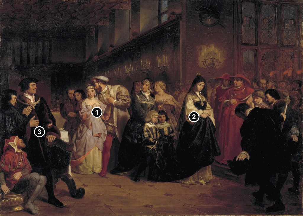 Annotated details from The Courtship of Anne Boleyn by Emanuel Leutze